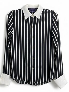 Ralph Lauren Collection 100% Liquid Silk Black and White Striped Button Shirt